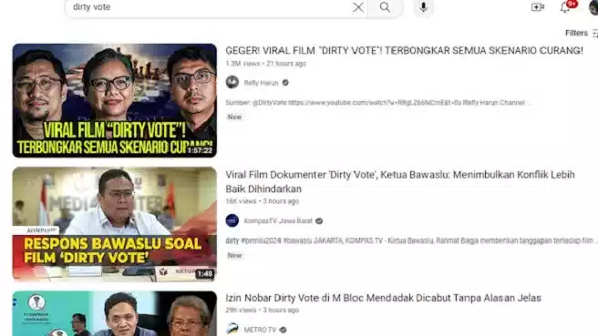 Film Dirty Vote Mendadak Hilang Dari Pencarian Youtube, Ada Apa? 1 Film Dirty Vote Mendadak Hilang Dari Pencarian Youtube